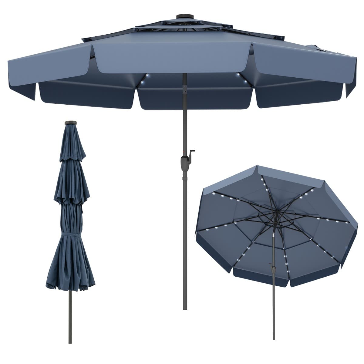 CostwayParasol de Terrasse Solaire de 300 cm avec 32 LED Toit Ventilé à 3 Niveaux Volants Réglage de l'Inclinaison 8 Baleines Bleu