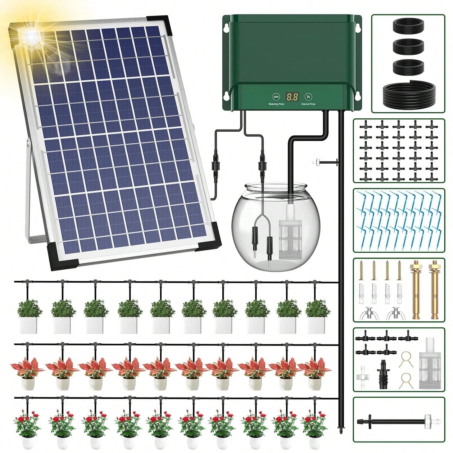 Système d'irrigation solaire de jardin, kit d'irrigation goutte à goutte automatique avec tuyau extérieur, minuterie d'irrigation goutte à goutte